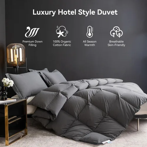 Vista 2 de Edredón de Plumas Tamaño Full, Edredón de Cama Estilo Hotel, 750+ Poder de Relleno, 1200TC, Tela de Algodón 100% Orgánico, Inserto de Edredón Gris