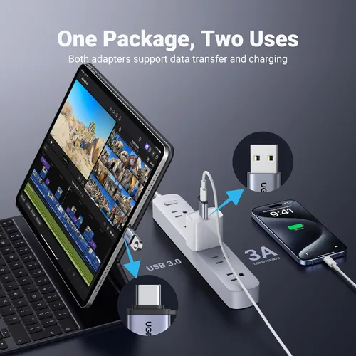 Vista 2 de UGREEN Paquete de 2 adaptadores USB a USB C, adaptador USB C hembra a USB macho de 10 Gbps compatible con iPhone 16 15, MacBook, iPad, Samsung