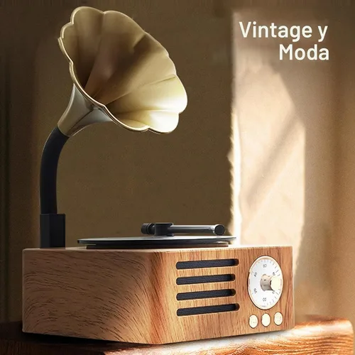 Vista 4 de Altavoz de tocadiscos vintage, tocadiscos portátil de grano de madera, altavoz Bluetooth con bocina de cobre, función de radio FM, diseño compacto