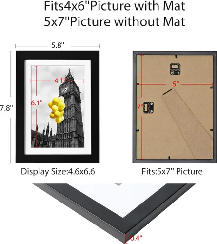 Vista 2 de Juego de 6 portarretratos de 5 x 7, para galería de fotos de 4 x 6 pulgadas con paspartú o de 5 x 7 pulgadas sin paspartú, marcos de fotos para Negro
