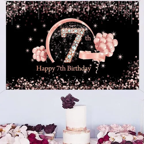 Vista 4 de Cartel de tela para decoración de cumpleaños número 7 para niñas, cartel de tela para fiesta de cumpleaños de niña de 7 años, fondo de foto negro