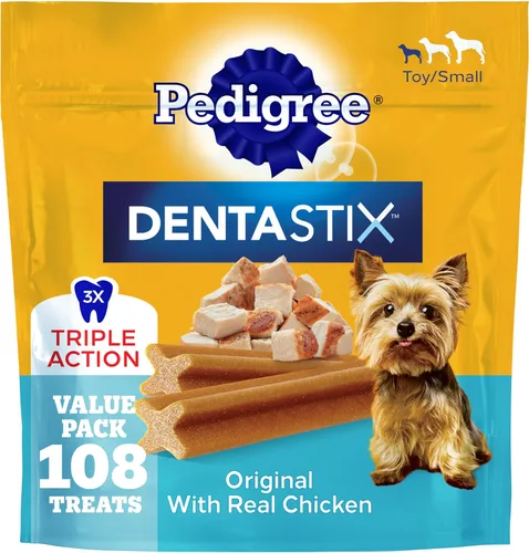 Vista 44 de Pedigree Dentastix Golosinas dentales para perros pequeños de doble sabor, tocino y pollo, bolsa de 5.08 onzas (24 golosinas)