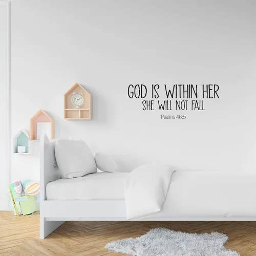 Vista 3 de Calcomanía de vinilo con versículo bíblico con texto en inglés "God Is Within Her She Will Not Fall" (Salmo 46:5), diseño decorativo para la pared