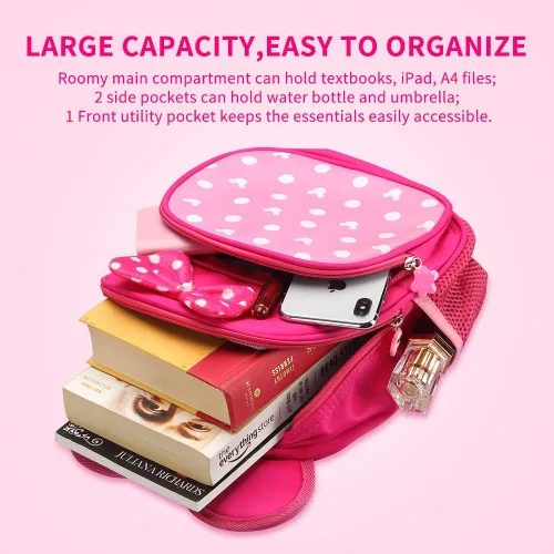 Vista 3 de Pequeñas mochilas rosas para niñas pequeñas con orejas de ratón de dibujos animados mochila de viaje para niños mochila preescolar para bebés Rosado