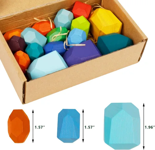 Vista 2 de Cllayees 16 piezas de bloques apilables de madera, rocas de construcción, piedras de madera maciza de colores, juegos educativos preescolares