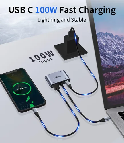 Vista 5 de Hub USB C 4 en 1, adaptador multipuerto tipo c a HDMI, 4K HD, VGA, puerto de carga de 100 W, USB3.0, compatible con Switch, Steam Deck, Rog Ally
