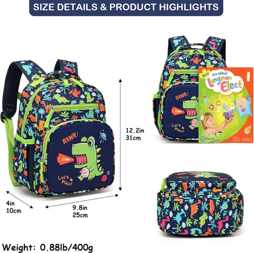 Vista 4 de MINGHUICHIC Mochila para niños pequeños, niñas, niños, jardín de infantes para guardería y preescolar, Dinosaurios, Mochila para niños pequeños