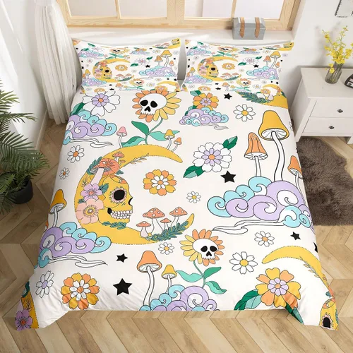 Vista 9 de Groovy Flowers - Funda de edredón de flores hippy girl, juego de ropa de cama con diseño de flores de arco iris, espiral, rayas, floral, juego
