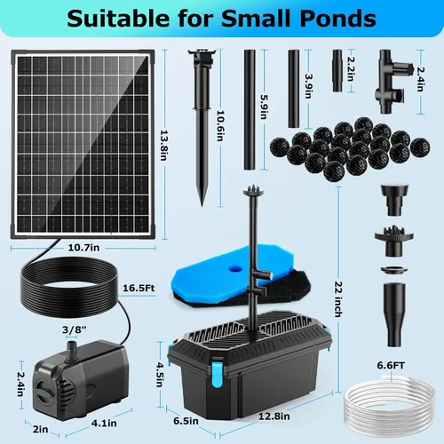 Vista 7 de POPOSOAP Filtro solar para estanque con bomba de fuente, bomba de agua de 20 W y filtros de estanque para estanques al aire libre, pecera, jardín