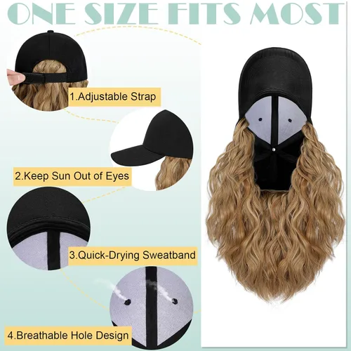 Vista 5 de Peluca de gorra de béisbol para mujer, gorra de béisbol con extensiones de cabello, gorra ajustable adjunta de 15 pulgadas, peluca sintética corta