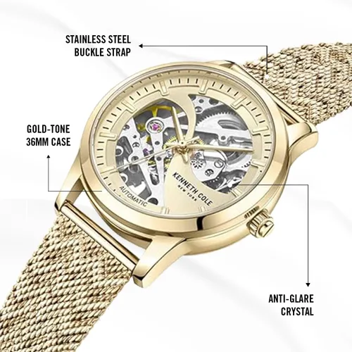 Vista 6 de Kenneth Cole - Reloj de lujo para mujer, de acero inoxidable, cuerda automática automática, resistente al agua, elegante diseño analógico con esfera