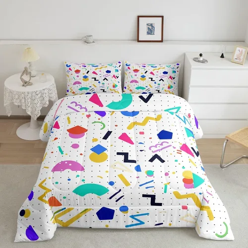 Vista 27 de Juego de edredón de estilo retro de los años 80, juego de ropa de cama de patrón geométrico abstracto, diseño urbano moderno con círculos
