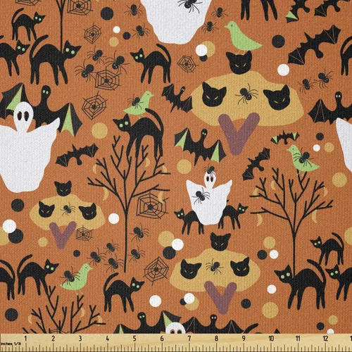 Vista 106 de Ambesonne The Yard, tela de calavera colorida con temática de Halloween, diseño de calavera y huesos cruzados, divertido estampado de dibujos