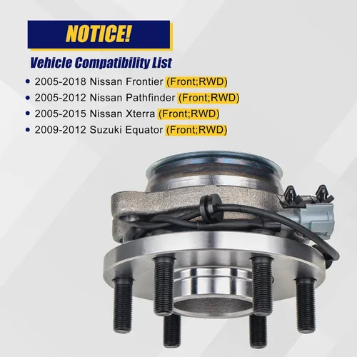 Vista 6 de KUSATEC 515064 Cojinete de rueda delantera y conjunto de cubo compatible con Nissan Frontier Pathfinder Xterra 2WD, Suzuki Equator 2009 2010 2011