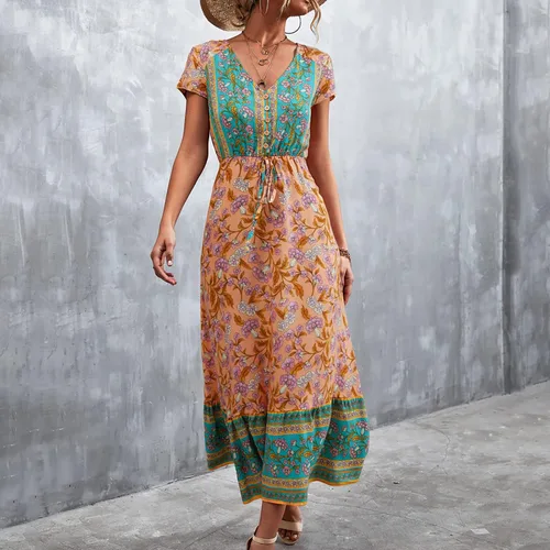 Vista 2 de Vestido largo casual de playa para mujer con cuello en V manga corta estilo floral