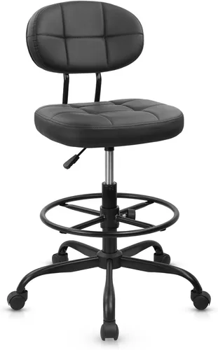 Vista 17 de KLASIKA Silla de dibujo con respaldo, taburete giratorio de cuero sintético ajustable en altura con anillo para el pie, silla de oficina ergonómica