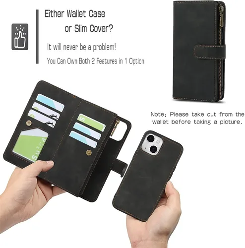Vista 3 de iCoverCase Compatible con iPhone 13 - Funda tipo cartera para teléfono con tarjetero, piel sintética, bolsillo con cremallera, magnética