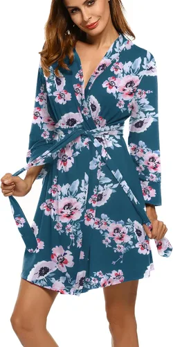 Vista 32 de HOTOUCH - Bata ligera de punto corta para mujer, bata de baño suave con bolsillos, ropa de dormir para damas