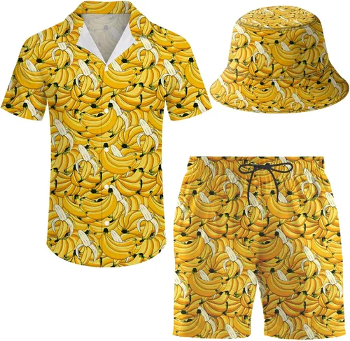 Vista 25 de Conjunto deportivo de 2 piezas para hombre, camisa hawaiana, pantalones cortos, camisa con botones y pantalones cortos con sombreros de pescador