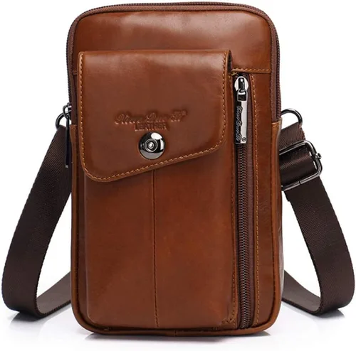 Vista 11 de Cuero Genuino Hombres Wasit Pack Con Correa De Cinturón De Hombro Bolsa De Teléfono Celular Style1-Negro