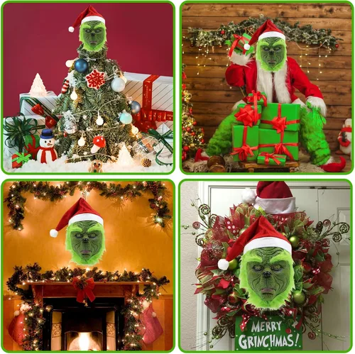 Vista 5 de Máscara de monstruo verde para árbol de Navidad, decoración de oficina, fiesta de Navidad, fiesta de Halloween, cosplay, mujeres y hombres