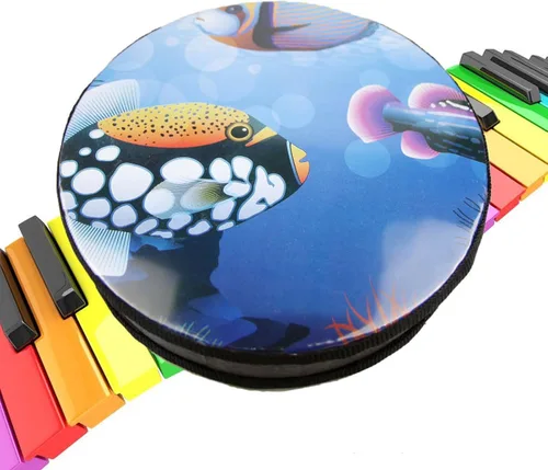 Vista 3 de Ocean Drum Instrumento musical de percusión de mano, instrumento musical de madera, con cuentas onduladas de sonido de mar con patrón de peces