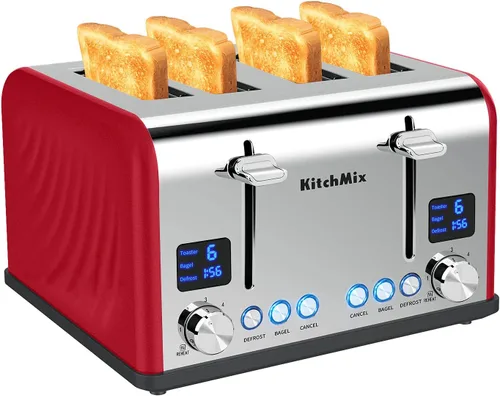 Vista 11 de Tostadora de 4 rebanadas, tostador de panecillos de acero inoxidable KitchMix con temporizador LCD, ranuras extra anchas, pantalla dual, bandeja