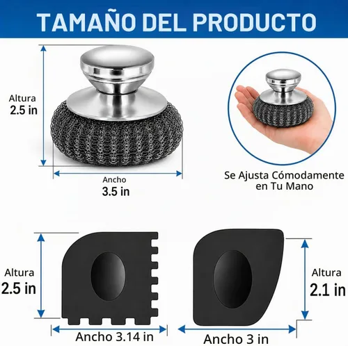 Vista 3 de Depurador de lana de acero con mango y 5 repuestos, kit de 8 piezas de hierro fundido con 2 raspadores de sartén, depurador de acero inoxidable