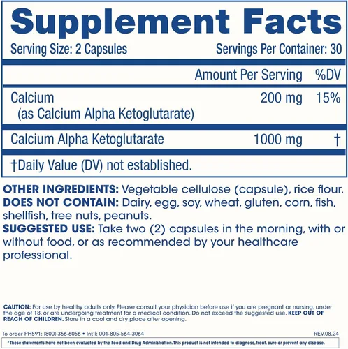 Vista 6 de ProHealth, Suplemento de Ca AKG (alfa cetoglutarato) (1,000 mg por porción de 2 cápsulas, 60 cápsulas). Apoya la función metabólica y los procesos