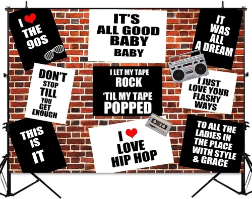 Vista 4 de Sensfun Fondo de fotografía de pared de ladrillo rojo retro de los años 90, decoración de cumpleaños de rap, música de rap, hip-hop, negro y blanco
