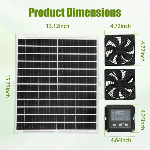 Vista 6 de Ventilador solar de 25 W para gallinero con batería y batería de 2000 mAh, 3 modos inteligentes, ventiladores dobles de 4.7 pulgadas, ventilador