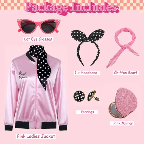 Vista 3 de FAYBOX Pink Ladies Jacket Grease 50s Costume for Women Girls,Halloween Costumes 1950s Party Outfits Accessories for Adults