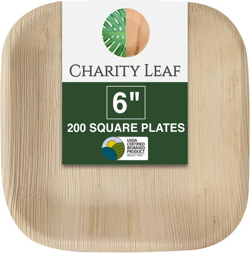 Vista 10 de Platos cuadrados desechables de hoja de palma Charity Leaf de 6" (15 cm) (50 piezas) Platos de servir tipo bambú, tablas desechables, vajilla
