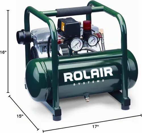 Vista 2 de Rolair JC10 1 HP compresor de aire sin aceite con protección de sobrecarga y RPM bajas para funcionamiento silencioso.
