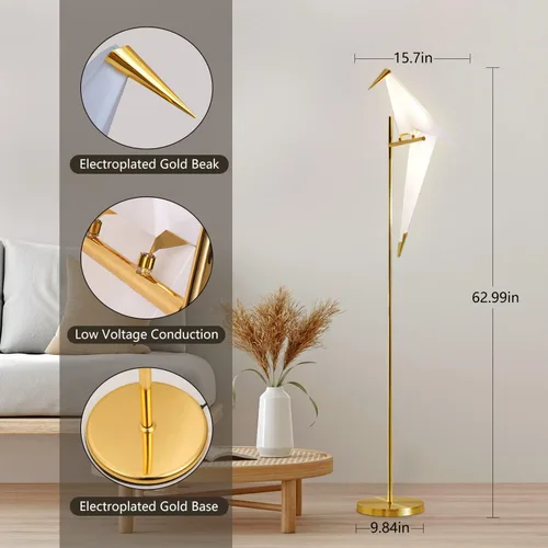 Vista 3 de Lámpara de pie moderna de 62 pulgadas con pájaros, lámpara de papel de grulla de origami, lámpara de pie dorada con pantalla de pájaros que se