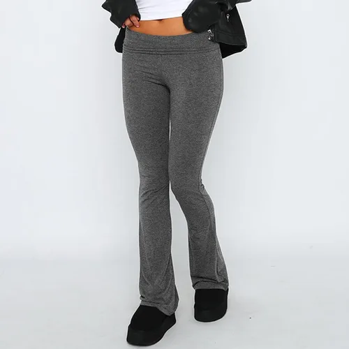 Vista 2 de ECHOINE Pantalones deportivos de tiro bajo para mujer, estilo casual, acampanados, pantalones de yoga Y2K, básicos, lisos, pierna ancha, acampanados