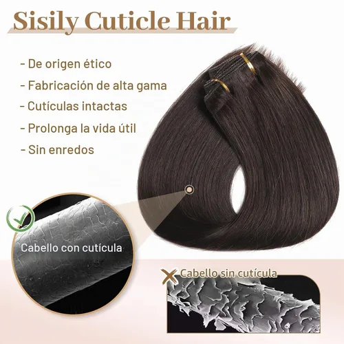 Vista 5 de Sisily Extensiones de cabello humano real con pinzas, extensiones de cabello humano real de alta calidad, color marrón oscuro, extensiones