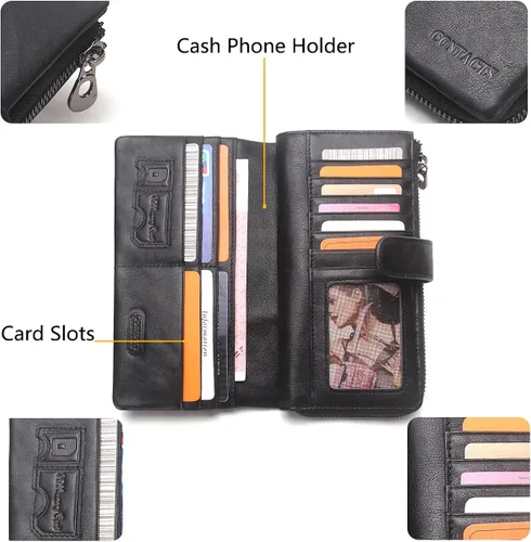 Vista 5 de Contact's de gran capacidad de cuero genuino RFID bloqueo billeteratarjeta de crédito titular para hombres negocios embrague teléfono titular
