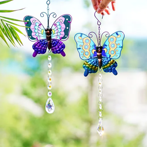 Vista 8 de Juego de 2 atrapasoles de mariposa de metal para ventanas – Decoración de pared de valla al aire libre de 14 pulgadas, prismas arcoíris