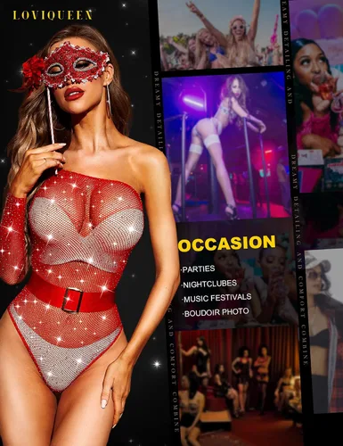 Vista 3 de Loviqueen Lencería para mujer, body de red sexy, traje de malla con diamantes de imitación