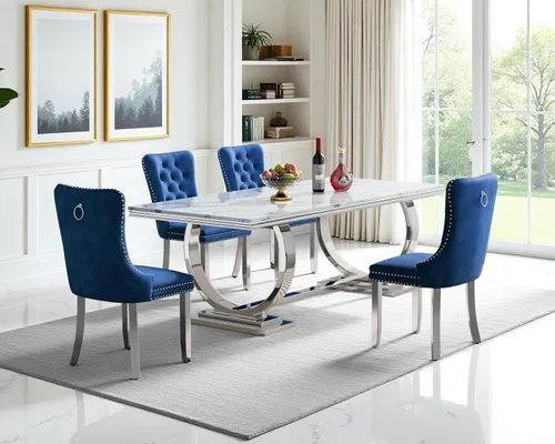 Vista 48 de Juego de mesa de comedor de 5 piezas para 4, mesa de cocina de mármol negro de 68 pulgadas con 4 sillas beige, mesa de comedor rectangular moderna
