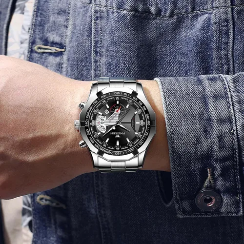 Vista 2 de Paquete de 4 relojes de acero inoxidable para hombre, impermeable, fecha, luminoso, esfera grande, oro, plata, negro, azul, vestido de negocios