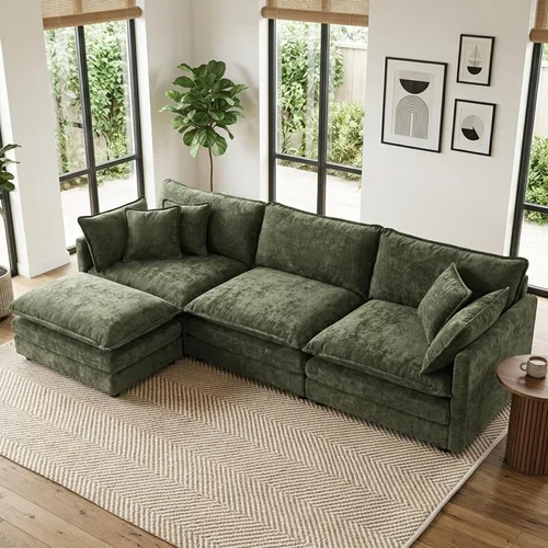 Vista 110 de Sofá individual modular de chenilla con otomana, sofá nube con almohada, color beige
