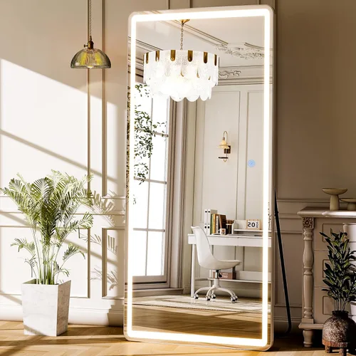 Vista 16 de GLSLAND Espejo LED Arqueado de Cuerpo Entero de 26"x68" con Luces para Montar en Pared/de Pie, Espejos de Piso Iluminados Regulables