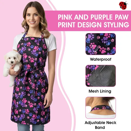 Vista 3 de Ladybird Line Delantal impermeable unisex 614, color rosa y morado, resistente al blanqueamiento del cabello, banda ajustable para el cuello, forro