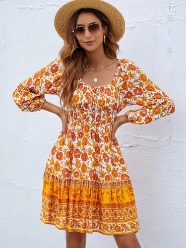 Vista 5 de FARORO Vestidos fruncidos para mujer manga farol bohemio floral volantes hombros descubiertos vestido corto acampanado