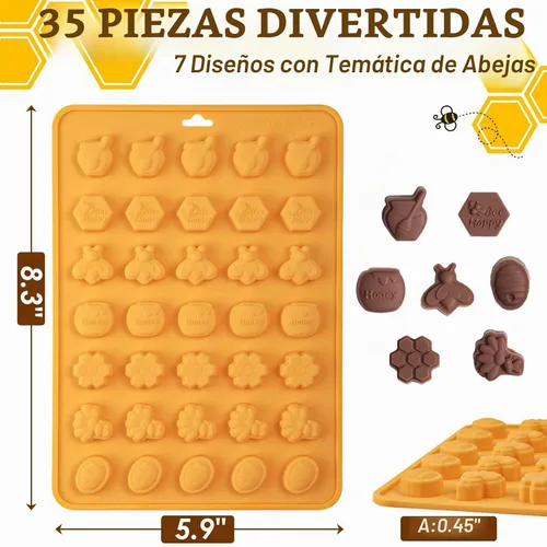 Vista 3 de Webake Molde de chocolate para dulces de abeja con 7 formas diferentes, molde de silicona de abeja de 35 cavidades para decoración de cupcakes