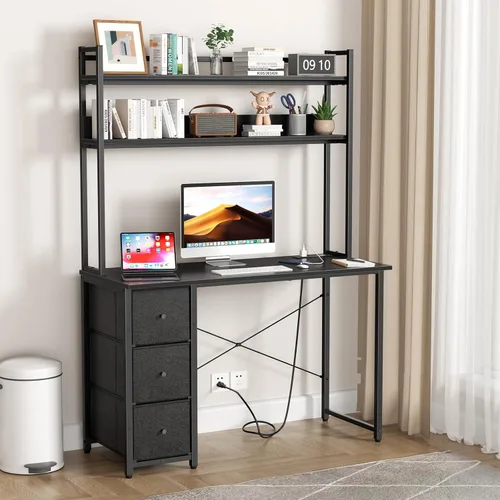 Vista 10 de Aquzee Escritorio para computadora con cajones, escritorio de 40 pulgadas con gabinete, escritorio de oficina en casa con almacenamiento, tomas