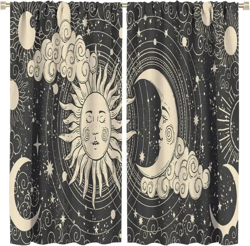 Vista 80 de Cortinas opacas con diseño de sol y luna, cuerpos celestes bohemios, con diseño de sol, luna y estrellas, para sala de estar, dormitorio, 42 x 45