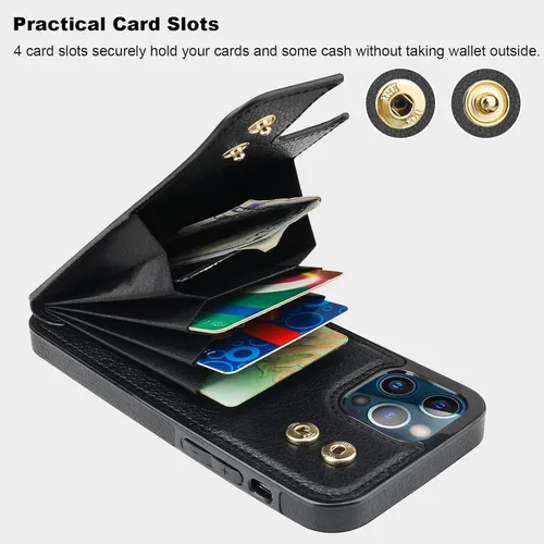 Vista 4 de Folosu Funda compatible con iPhone 12 Pro Max con soporte para tarjetas, rotación de 360°, soporte de anillo de dedo con función atril, protección